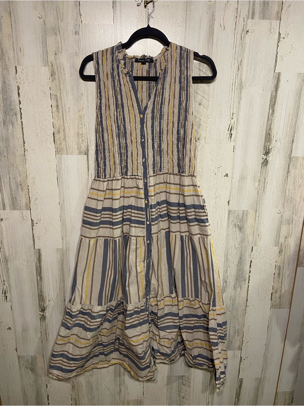 Laurel Grey Grey Yellow Striped Smocked Midi Dress Large